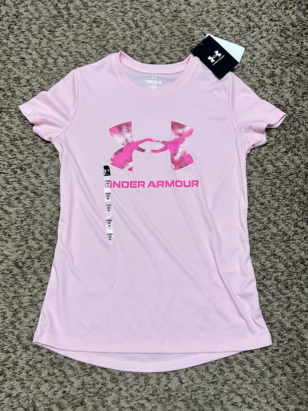 NWT Under Armour Girls YMD/JM/M Pink Graphic Logo Athletic Tee